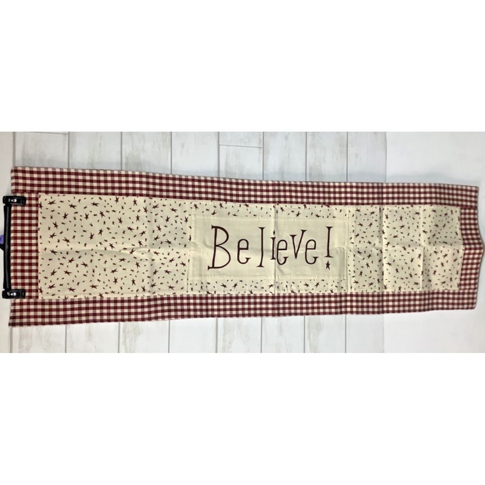 Cream & Burgundy 'Believe' Gingham Plaid  Table Runner 18.5"x62" Country Decor
